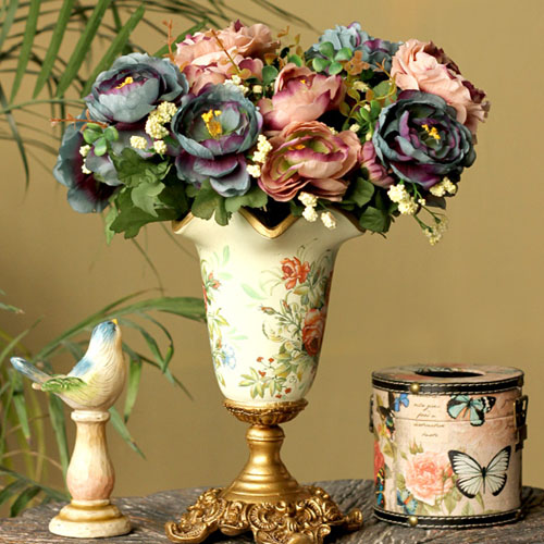 5Cgo 17720747672 歐式高檔仿真花家居裝飾花藝套裝複古把束山茶花+彩繪高腳花瓶 MIK42100